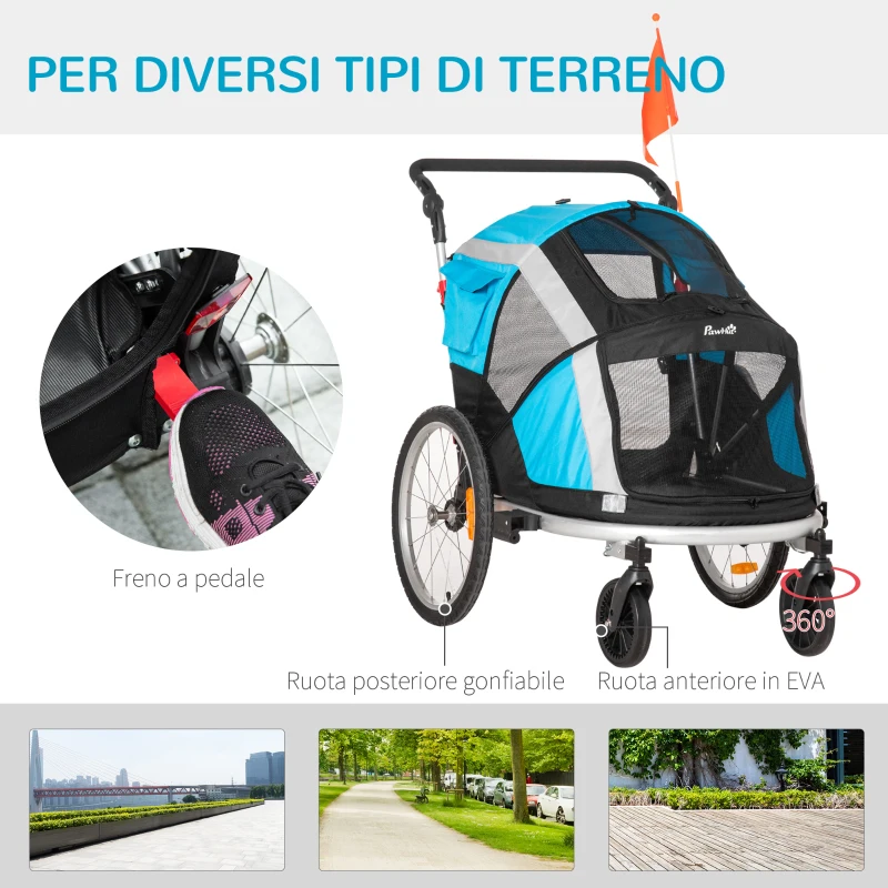 PawHut Carrello Trasporto Cani sotto i 30kg, Rimorchio Bici per Cani con Porta Anteriore e Posteriore, Finestre a Rete e Tetto Apribile, 150x82x98-108cm