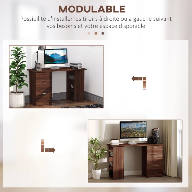 HOMCOM Bureau avec rangement, table informatique 120 x 50 cm, bureau d'ordinateur avec étagères et tiroirs, pour petits espaces, chambre à coucher, aspect noyer