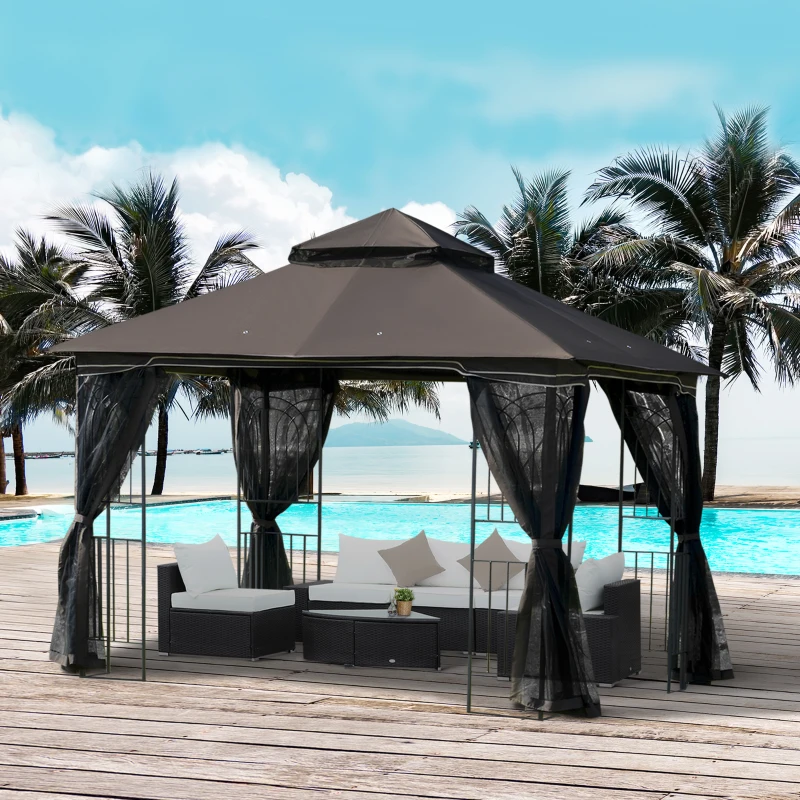 Outsunny 3 x 3 Meter Metal Gazebo Garden Outdoor 2-tier Roof Marquee Party Tent Canopy Pavillion Patio Shelter with Netting and Shelf Coffee