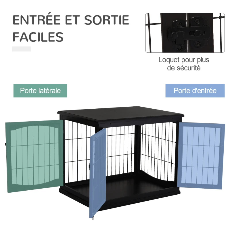 PawHut Cage pour chien animaux meuble cage chien intérieur en bois MDF classe E1 3 portes verrouillables max. 30 Kg dim. 81L x 58l x 66H cm noir