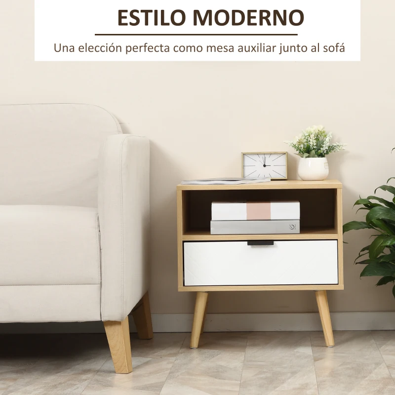 HOMCOM Mesita de Noche con 1 Cajón y 1 Estante para Dormitorio Salón Oficina Estilo Moderno 50x39,5x49,5cm Madera Natural