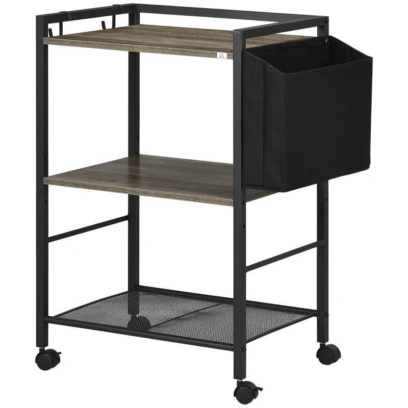 HOMCOM Carrito Auxiliar con Ruedas de 3 Niveles con Bolsa de Tela y 2 Ganchos para Salón Cocina Comedor 66x40x80,5 cm Gris