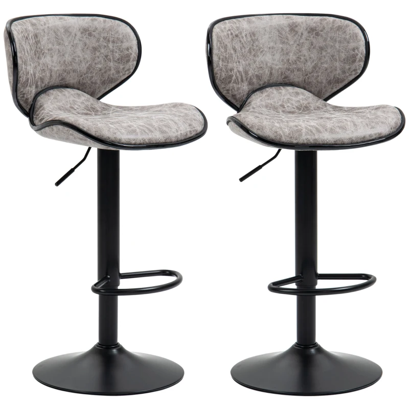 HOMCOM Bar Stool Set of 2 Microfiber Cloth Adjustable Height Armless Chairs with Swivel Seat, Grey