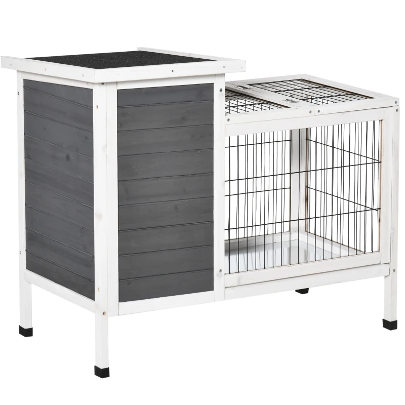 PawHut Clapier sur pieds cage à lapin avec niche intérieure plateau excrément coulissant porte supérieure 92L x 51l x 76H cm gris blanc