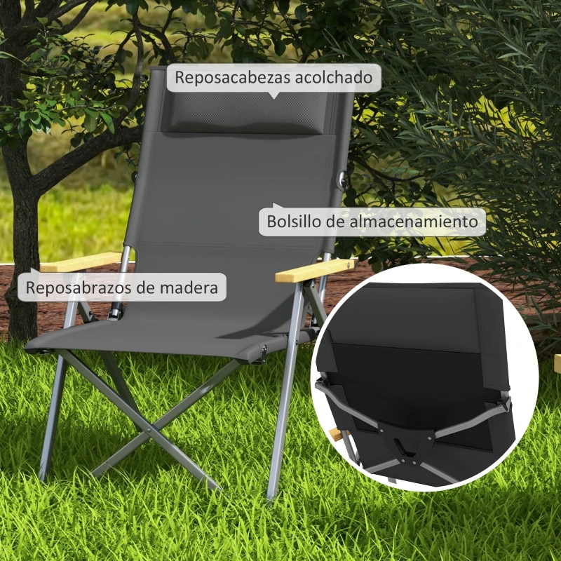 Outsunny Silla de Camping Plegable de Aluminio Respaldo Ajustable Reposabrazos de Madera Bolsa de Transporte 74x59,5x98 cm Gris