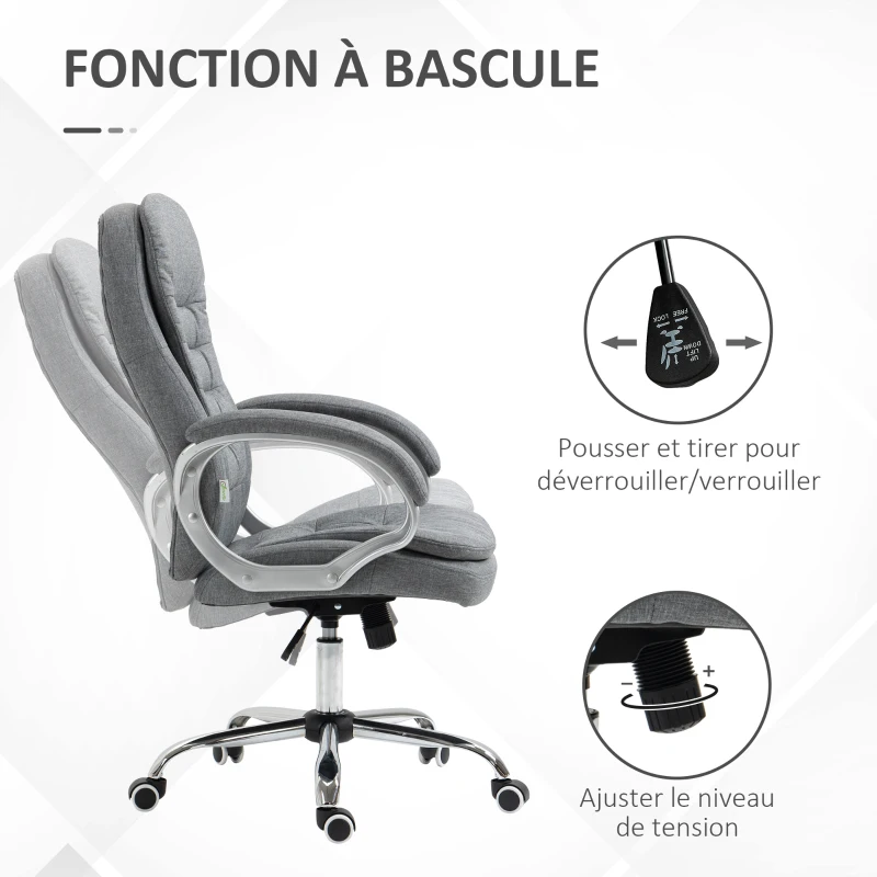 Vinsetto Fauteuil de bureau manager chaise de bureau ergonomique double coussin réglable roulettes toile lin 64 x 75 x 111-121 gris clair
