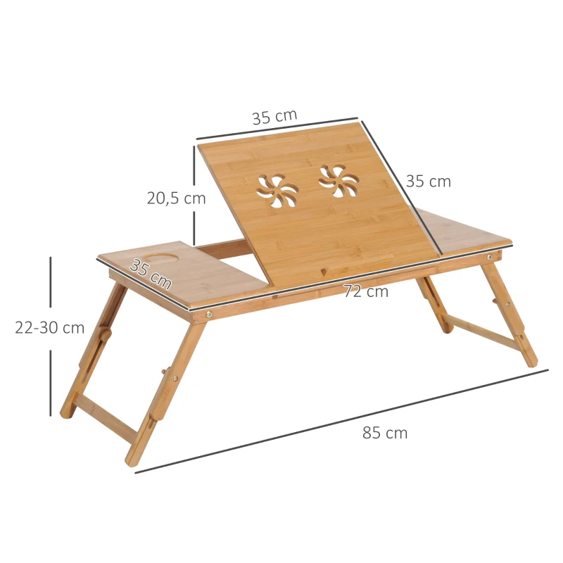 HOMCOM Mesa de Ordenador Portátil Bambú Bandeja de Cama Desayuno Plegable Reclinable Altura Ajustable Soporte Escritorio de regazo 1 Cajón 72x35x22-30cm