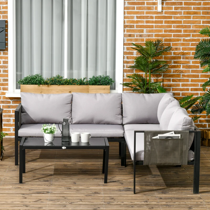 Outsunny 5 Seater Garden Corner Sofa Set, 4 Pieces Metal Garden Furniture Set with Loveseats, Glass Top Coffee Table, Breathable Mesh Pocket, Outdoor Conversation Furniture with Cushions, Light Grey