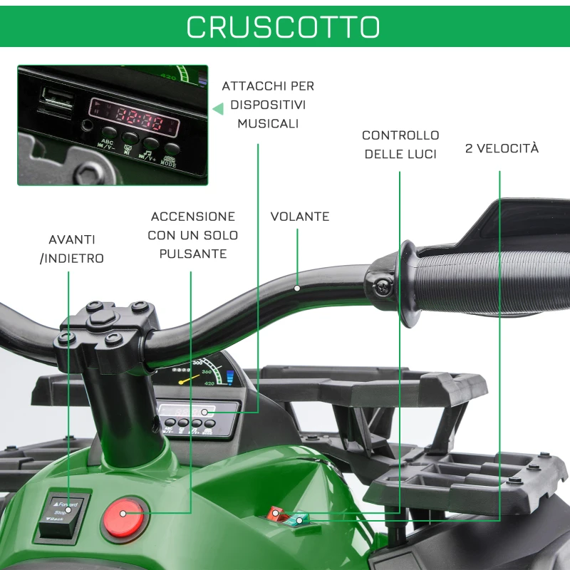 HOMCOM Quad per Bambini Elettrico 12V con Fari e Batteria Ricaricabile, Età 3-5 Anni, 100x65x73cm, Verde