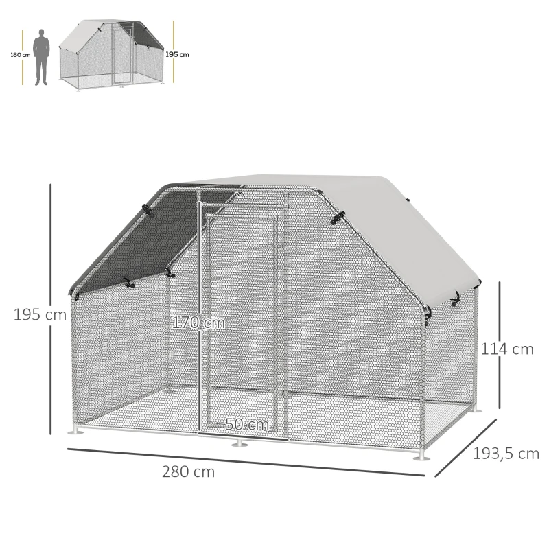 PawHut Gallinero de Exterior 2,8x1,93x1,95 m Gallinero Grande Cubierta de Tela Oxford y Corral de Metal Galvanizado Plata