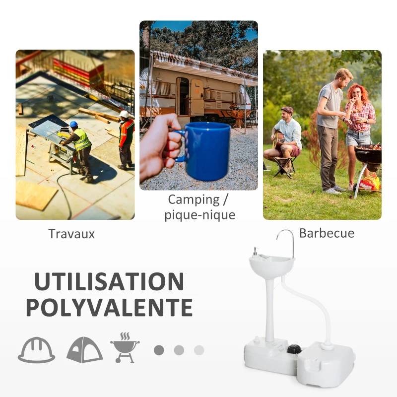 Outsunny Évier à Main Portable Station de Lavage Camping Jardin Extérieur Voyager avec Réservoir d'Eau 17L Pompe à Pied 83 x 50 x 103 cm Gris