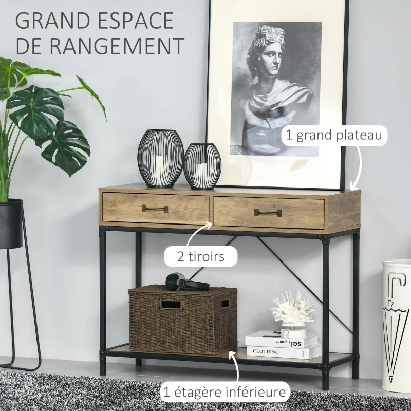 HOMCOM Table Console Table d'appoint d'entrée Industriel dim. 100L x 35l x 76H cm avec 2 tiroirs et 1 plateau Aspect Bois