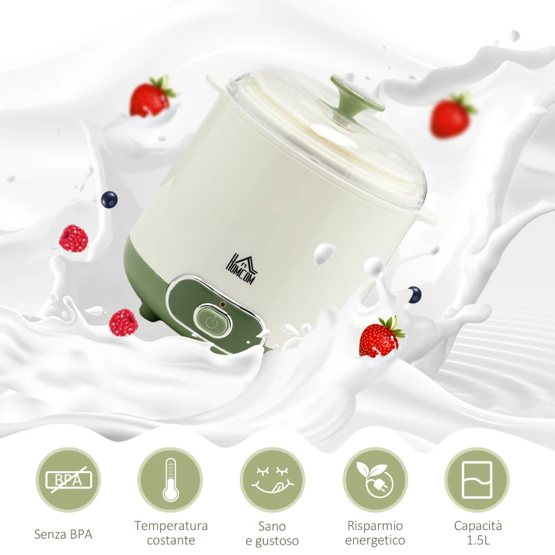 HOMCOM Yogurtiera 20W da 1.5L per 3-5 Persone con 2 Vasetti e Colino, in Plastica, 19.5x17.5x21.4 cm, Bianca