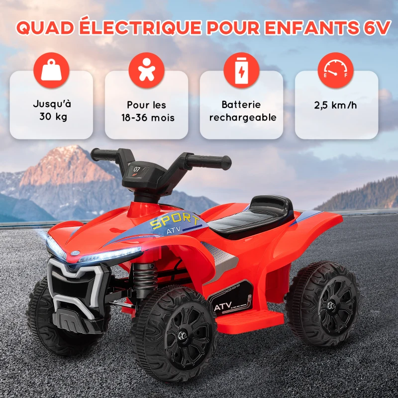 AIYAPLAY Quad électrique enfant 6V voiture électrique enfants vitesse de 2,5 km/h pour enfants 18-36 mois 71 x 40,5 x 45 cm rouge