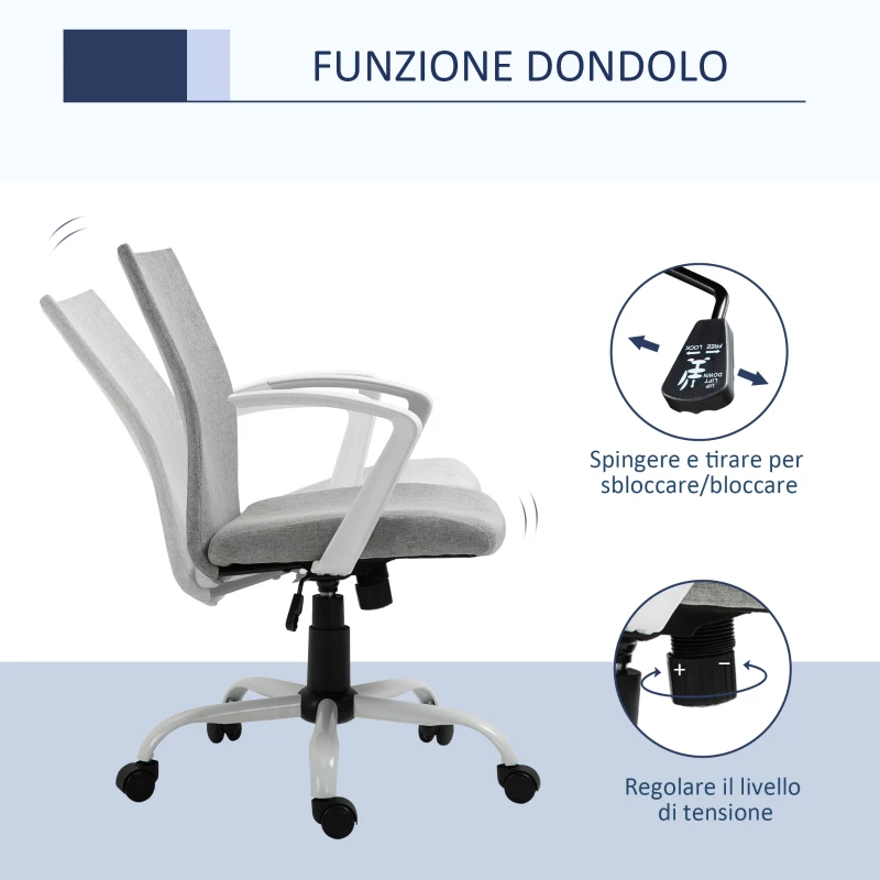 Vinsetto Sedia da Ufficio Ergonomica a Dondolo, Sedia da Studio Girevole, Poltrona Scrivania con Altezza Regolabile in Tessuto, 61x61x89-99 cm, Grigio Chiaro