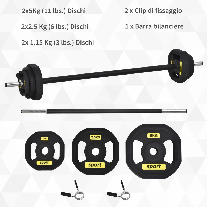 HOMCOM Set di Manubri Regolabili con Pesi 20KG, Set Bilanciere e Dischi in Acciaio e TPU con Clip a Molla, Nero