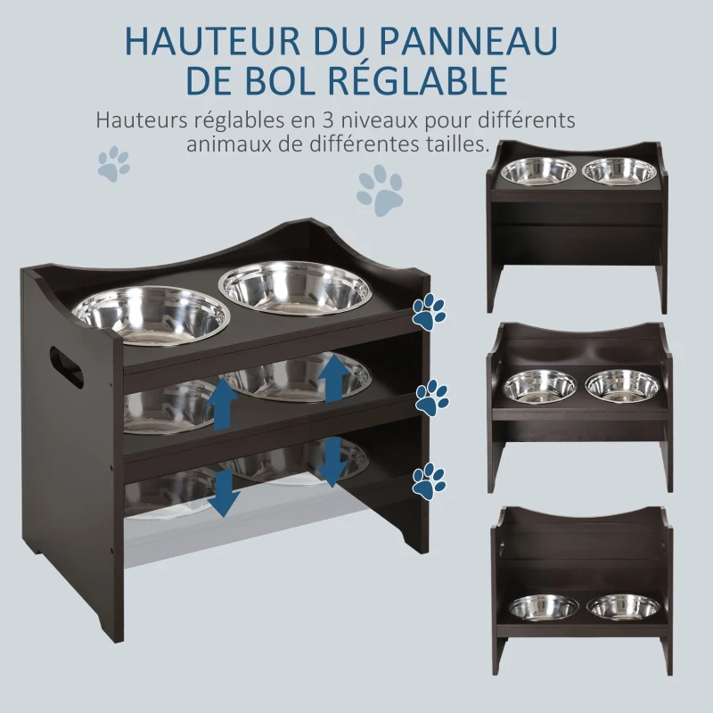 PawHut Gamelles chiens surélevées gamelle double chien chat porte-gamelles surélevé dim. 54L x 31l x 47H cm 2 gamelles 2L acier inox. incluses bois brun foncé