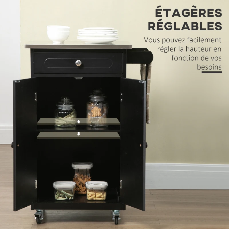 HOMCOM Chariot de service desserte de cuisine à roulettes multi-rangements 1 tiroir placard 2 portes avec étagère porte-torchons MDF noir acier inoxydable