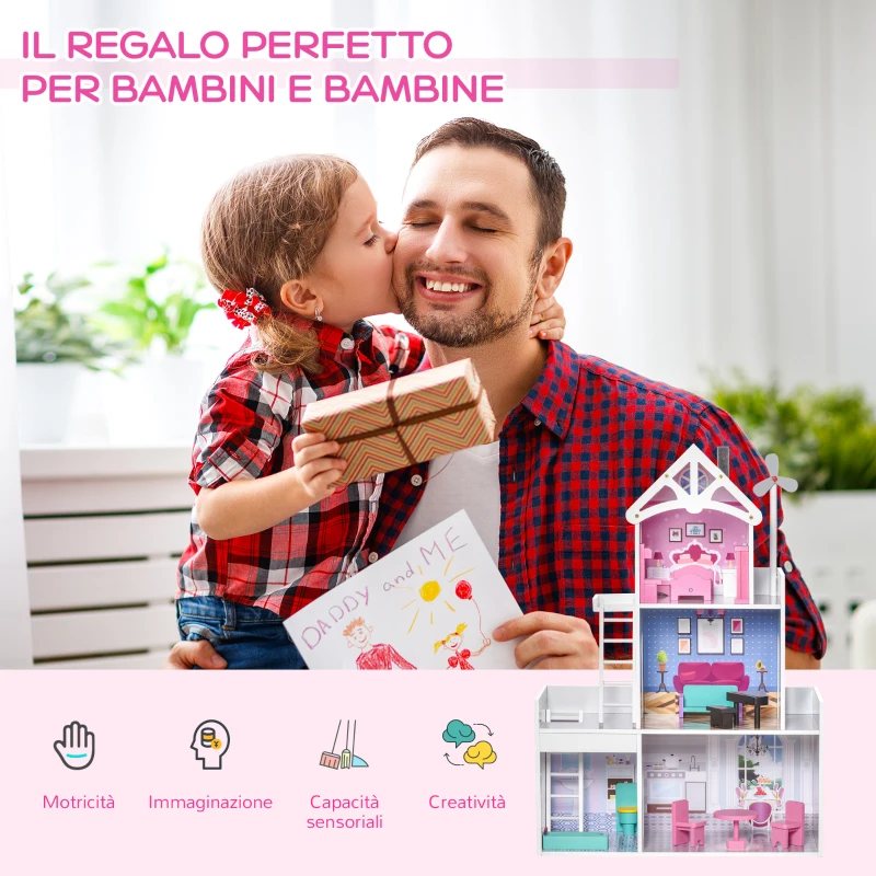 HOMCOM Casa delle Bambole in Legno a 3 Piani con Scale e Accessori per Bambini 3-6 Anni, 60x29x85cm, Rosa