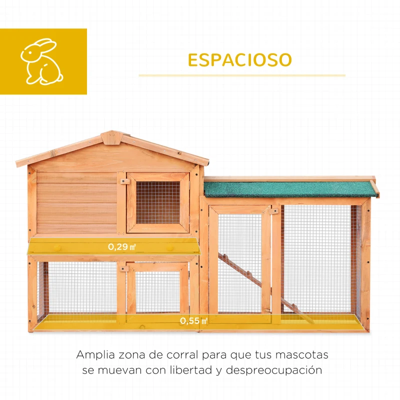 PawHut Jaula para Conejos Grande 145x45x85 cm con Techo Asfáltico Bandeja Extraíble Escalera  para Exterior Natural
