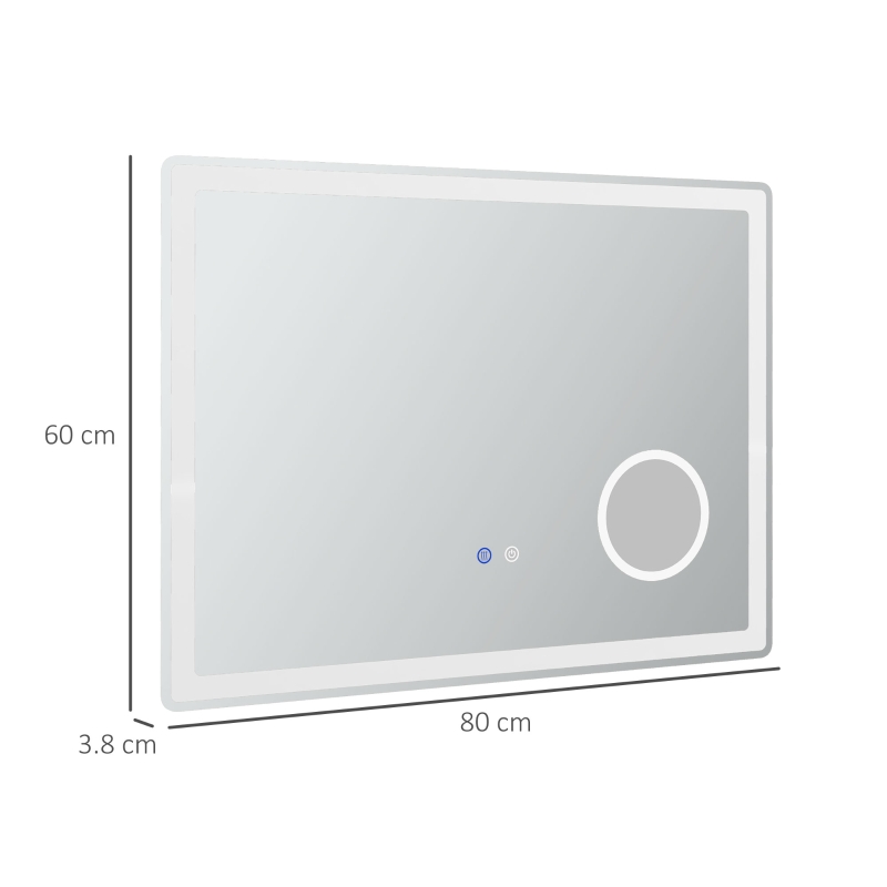 kleankin LED Bathroom Mirror with Lights, 3X Magnifying Mirror, Dimming Lighted Bathroom Mirror, Vanity Mirror with 3 Colour Front and Backlit, Smart Touch, Anti-Fog, Horizontal and Vertical, 80x60cm