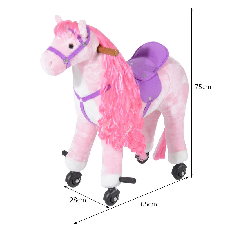 HOMCOM Plush Walking Horse Ride On Toy with Wheels and Realistic Sounds Rocking Horse for Girls Boys 2+ Years Old, 50cm Tall, Pink