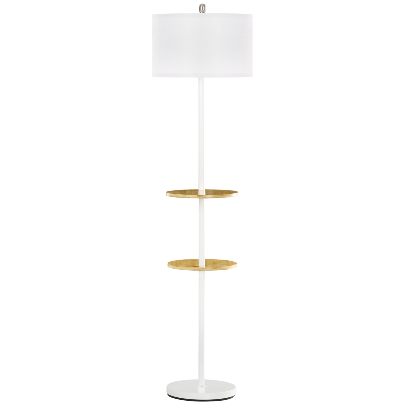 HOMCOM Lampadaire sur pied salon abat-jour en tissu 2 étagères rondes en bois interrupteur au pied culot E27 163 cm blanc