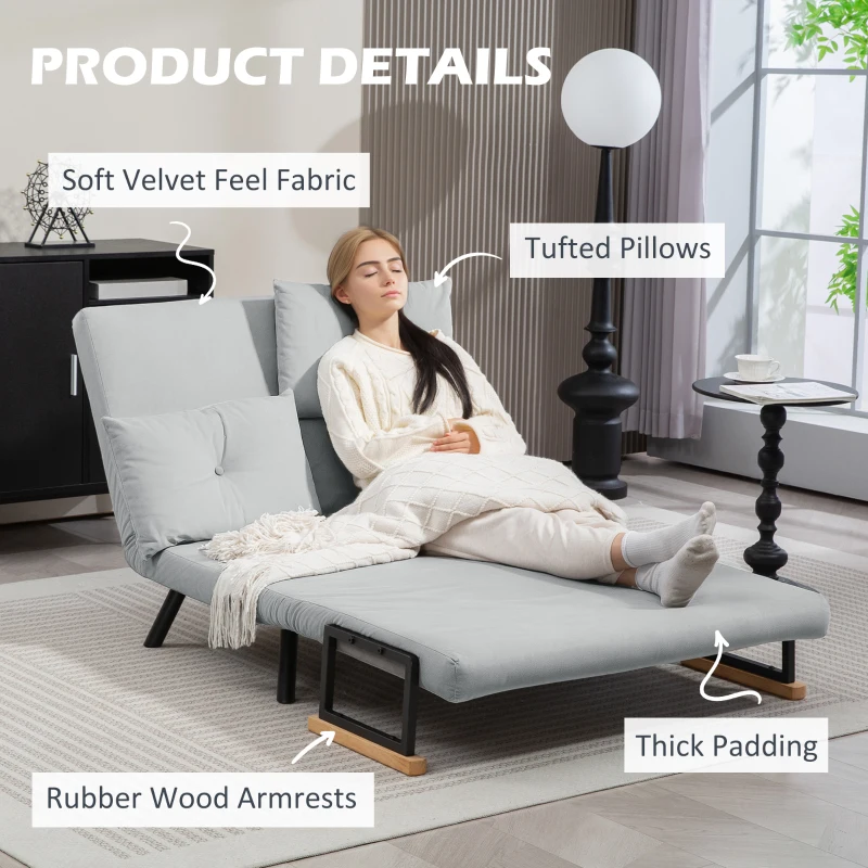 HOMCOM 4-in-1 Velvet-Feel Double Sofa Bed, with Pillows - Light Grey