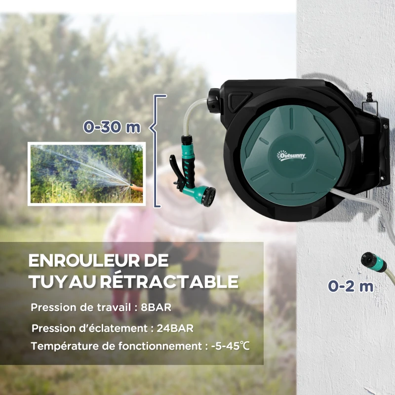 Outsunny Enrouleur tuyau arrosage dévidoir de tuyaux d'eau 30+2 m support mural + poignée pivotant à 180° 59 x 23 x 42 cm noir