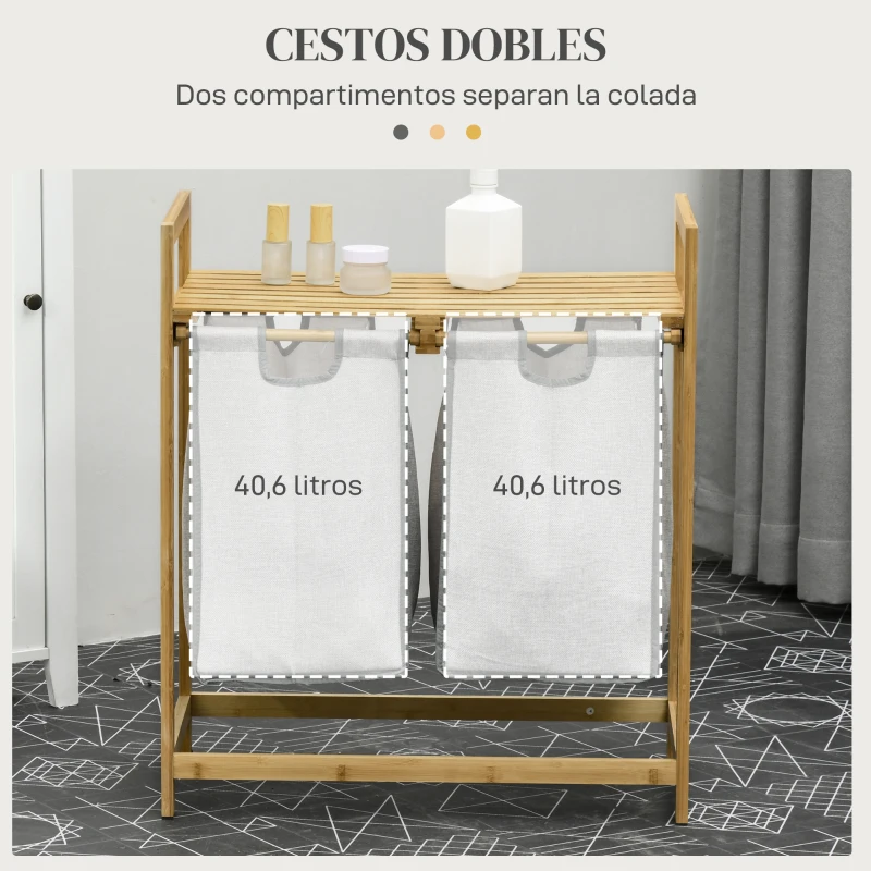 HOMCOM Cesto de la Ropa Sucia de Bambú con 2 Bolsas Extraíbles y Estante Carga 20kg 2x40,6L 64x33x73 cm Natural