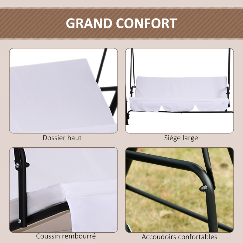 Outsunny Balancelle de Jardin 3 Places Toit Inclinaison réglable Coussins Assise et Dossier 1,72L x 1,1l x 1,52H m Acier Noir Polyester Blanc