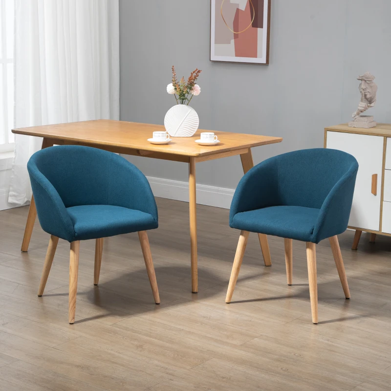 HOMCOM Lot de 2 chaises de salle à manger chaise de cuisine Design scandinave - Pieds inclinés effilés Bois Caoutchouc - Assise Dossier accoudoirs ergonomiques Aspect Lin Bleu Canard