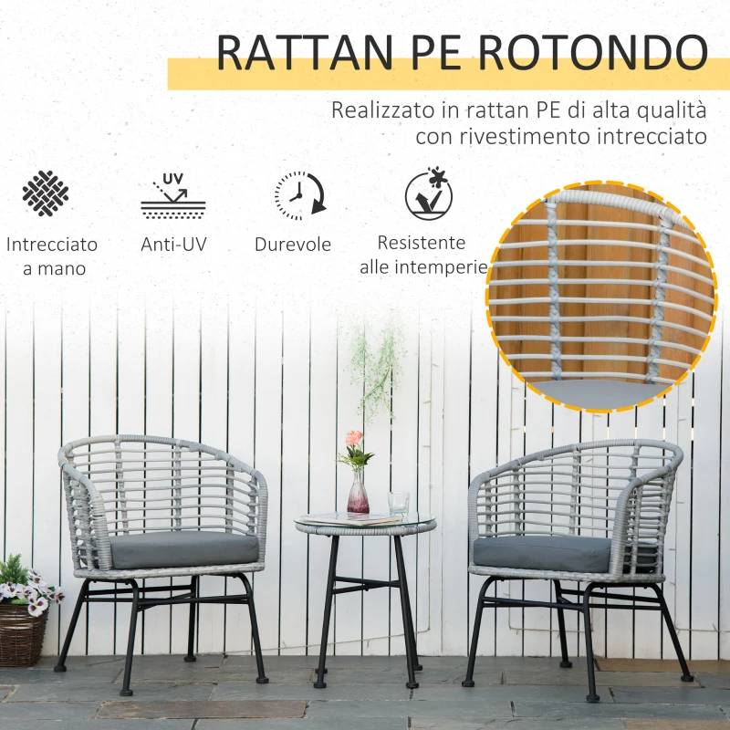 Outsunny Set Mobili da Giardino in Rattan Sintetico Stile Boho Chic con 1 Tavolino e 2 Sedie, Grigio