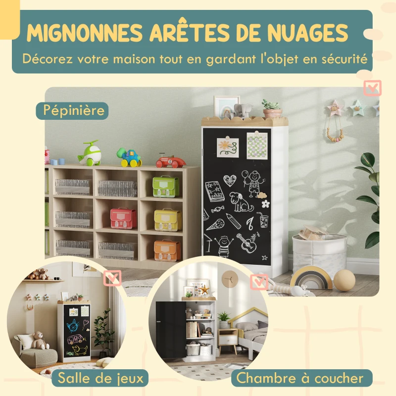 AIYAPLAY Meuble rangement enfant, rangement jouet enfant avec porte en tableau noir, 3 casiers et plateau supérieur, blanc