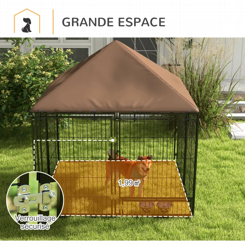 PawHut Chenil extérieur pour Chiens en métal et Tissu Oxford Support gamelle et Toit résistant aux intempéries Espace spacieux