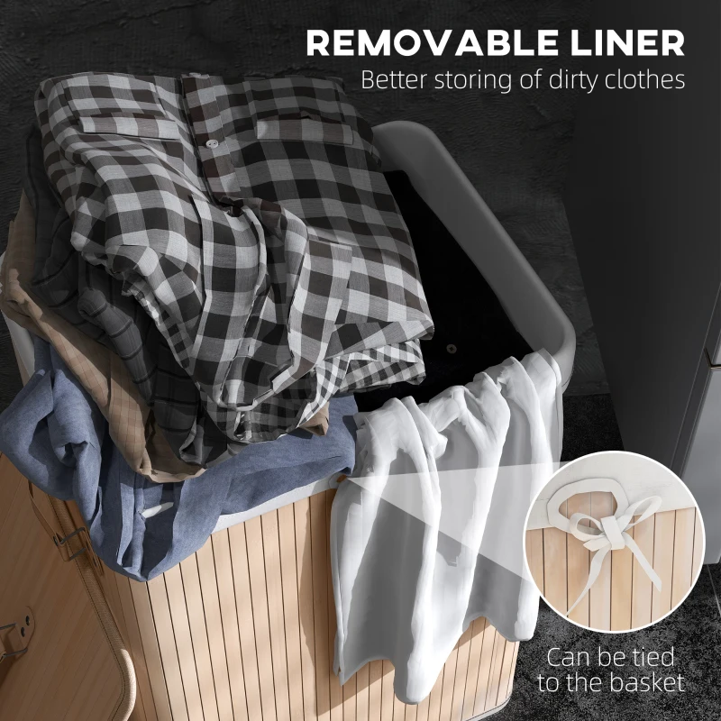 HOMCOM 70L Collapsible Bamboo Laundry Hamper Organizer Clothes Washing Basket Bin Storage Box w/ Lid Removable Lining 40x30x60cm
