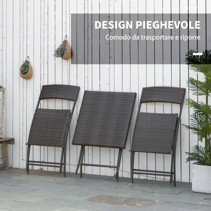 Outsunny Set da Giardino Pieghevole da 3 Pezzi in Rattan PE e Metallo, Set 2 Sedie e Tavolino da Caffè, Protezione dai Raggi UV, Set di Mobili da Balcone, per Patio e Cortile, Nero