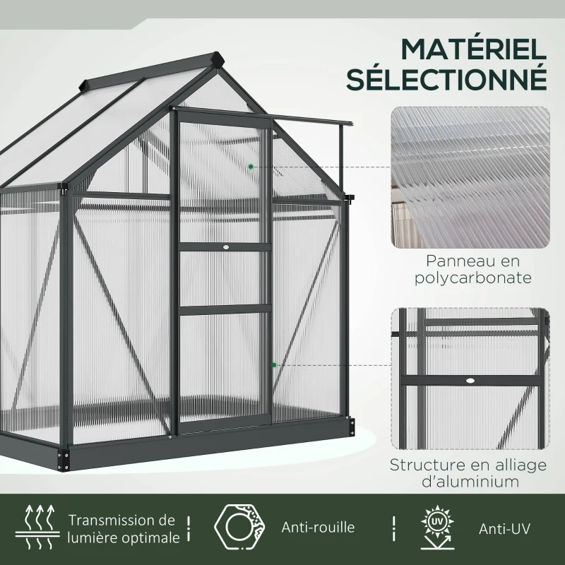 Outsunny Serre de jardin polycarbonate 190 x 132 x 201 cm résistant aux UV 30+ fondation renforcé gouttière gris
