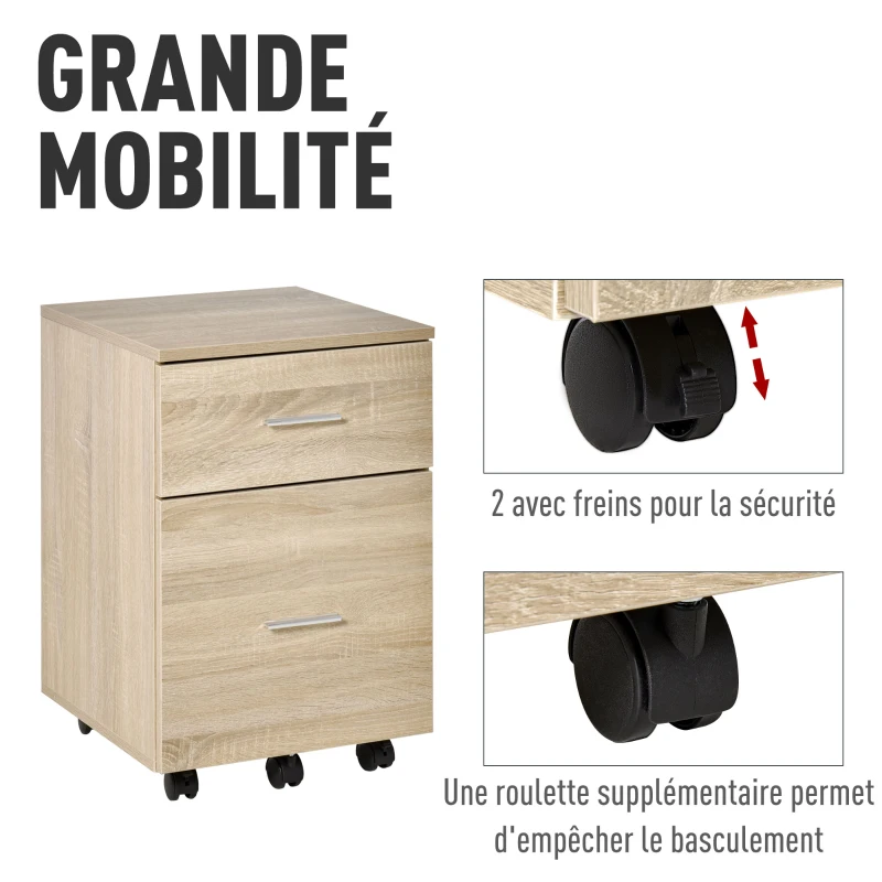 Vinsetto Caisson de bureau caisson de rangement mobile 2 tiroirs 5 roulettes en panneau de particules 39,5 x 39 x 58,5 cm chêne