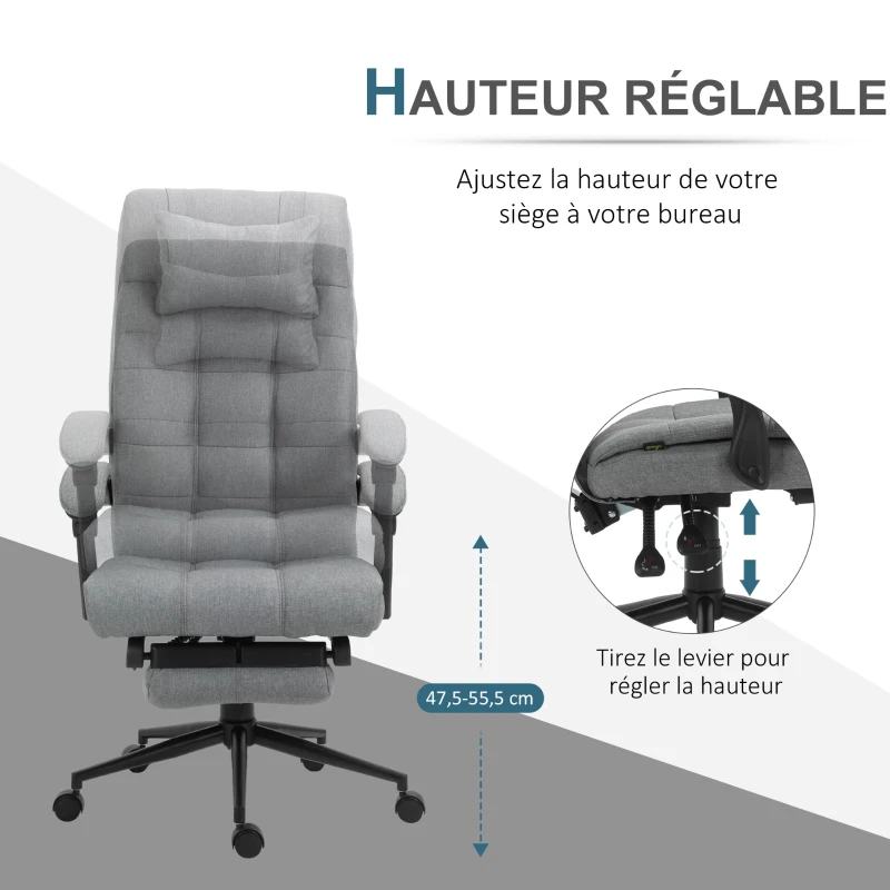 Vinsetto Fauteuil de bureau chaise de travail dossier hauteur réglable pivotant 360° repose-pied appui-tête lin rembourrage mousse 66l x 76P x 112-120H cm gris clair noir