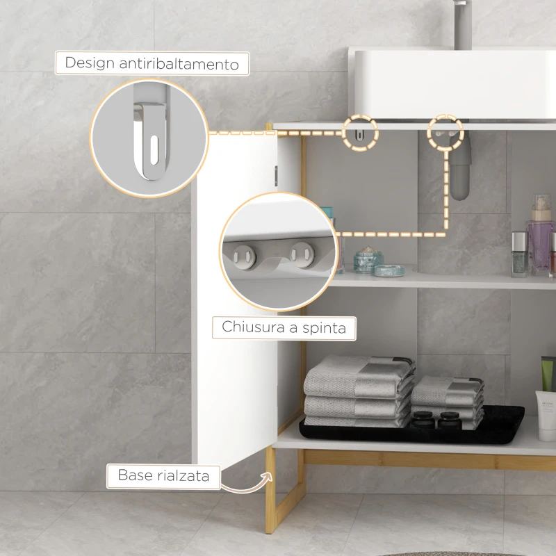 HOMCOM Mobile Sottolavabo Bagno con 2 Ante a Pressione in Bambù e MDF con Intaglio a U, 70x33x79.5cm, Bianco