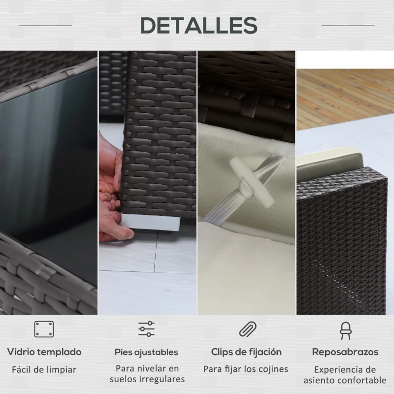 Outsunny Conjunto Muebles de Jardín Ratán 7 Piezas Set de Sofás Patio con 1 Mesita Almohada y Cojín Incluido Marco Acero Resistente Intemperie UV para Exterior Marrón