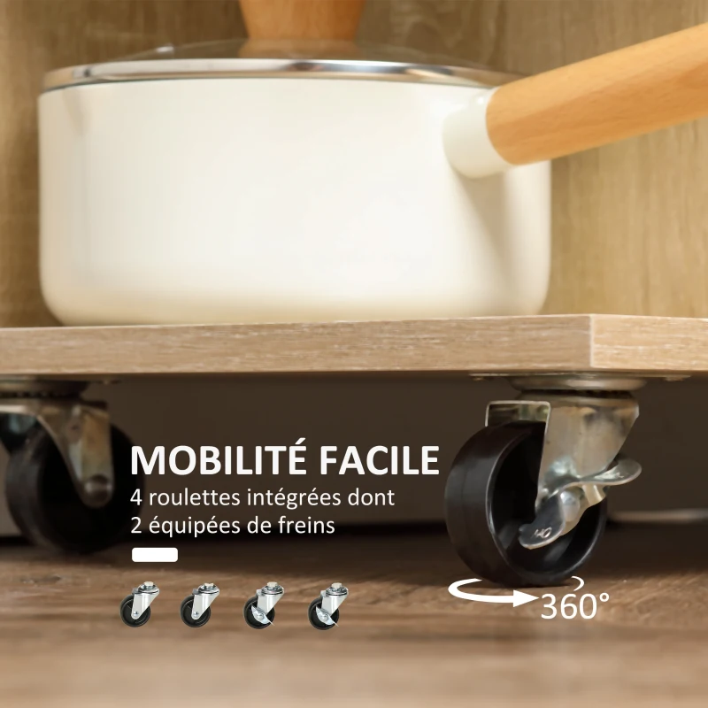 HOMCOM Desserte de cuisine îlot central cuisine roues pivotantes 360° étagères avec barrières 65 x 39 x 80 cm naturel