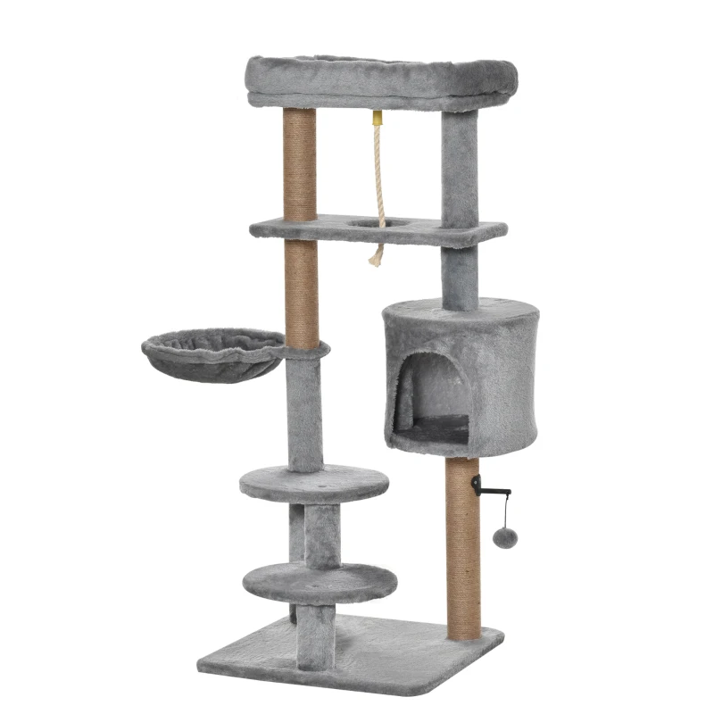 PawHut Árbol Rascador para Gatos Altura 120 cm Torre de Gatos con Plataformas Cueva Hamaca Postes de Yute 48x48x120 cm Gris
