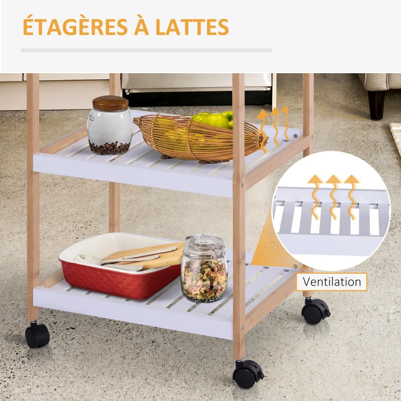 HOMCOM Chariot de service desserte de cuisine à roulettes 2 étagères + plateau amovible bois de pin MDF blanc