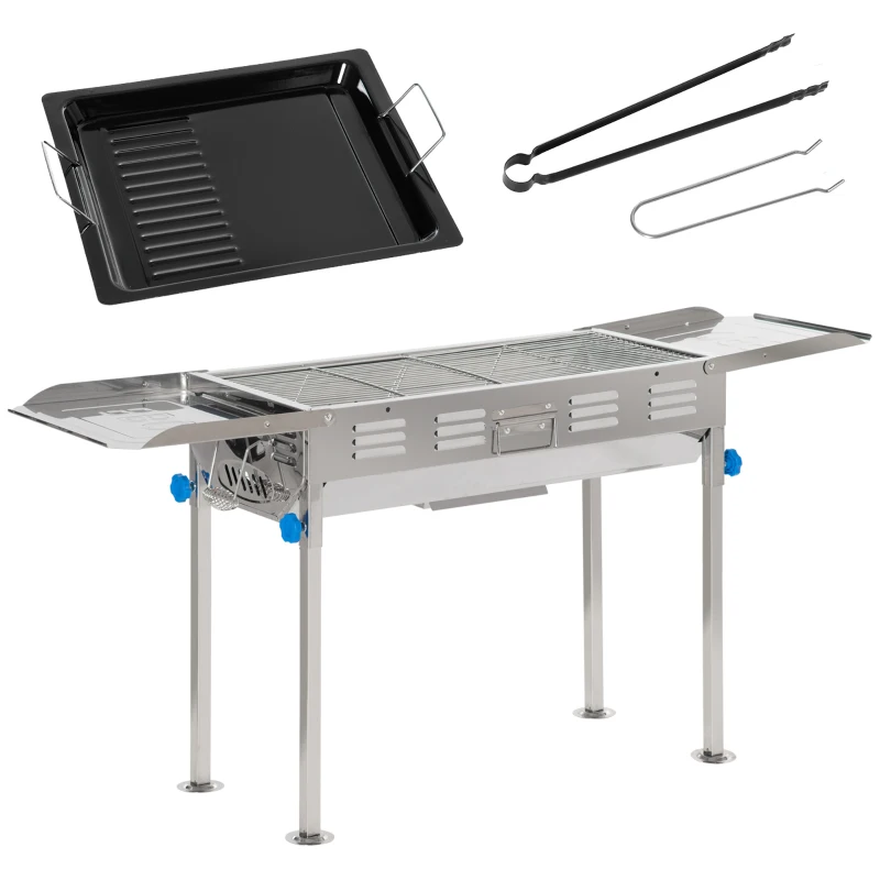 Outsunny Barbecue à Charbon Pliable Portable réglable BBQ Grill sur Pied avec tablettes rabattables, Grille, Plaque teppanyaki, Pinces, récupérateur Cendres Acier INOX.