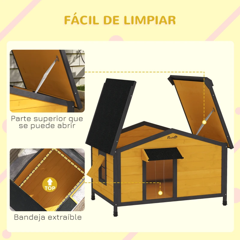 PawHut Caseta para Perros Exterior con Techo Asfáltico Abatible Ventanas y Base Extraíble 97x72x65 cm Madera Natural