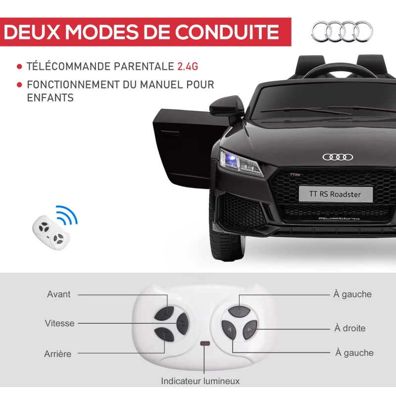 HOMCOM Voiture électrique enfant véhicule électrique enfant Audi TT RS 12 V 30 W V. Max. 3 Km/h télécommande 2,4G Effets sonores + Lumineux Noir(m-5)