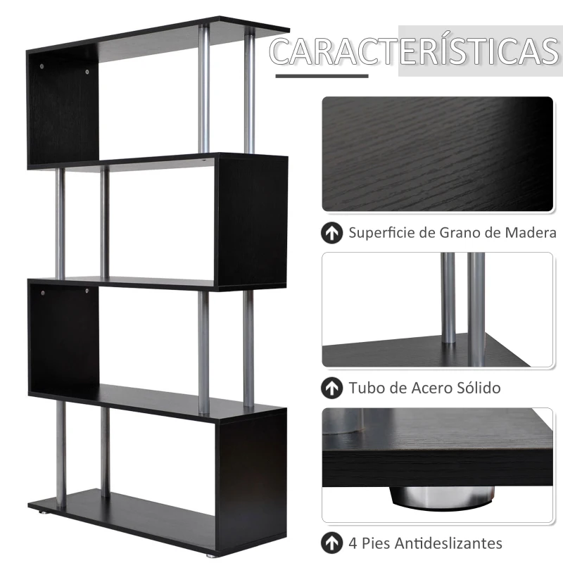 HOMCOM Librería en Forma S Estantería para Libros de 4 Niveles Mueble Estantería para Salón Oficina Estudio 80x30x145 cm Negro