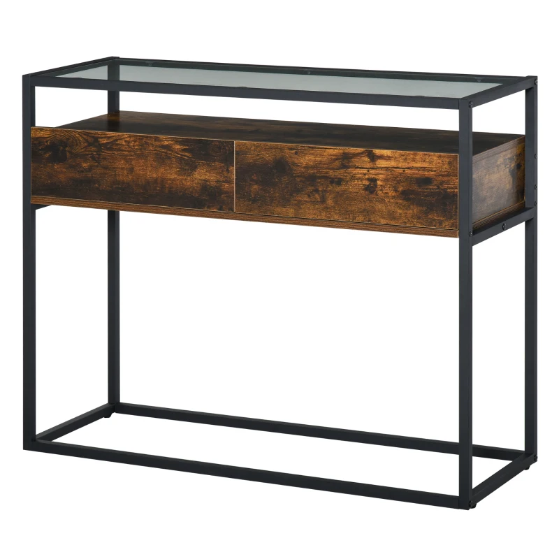 HOMCOM Tavolo Consolle da Ingresso e Soggiorno, Ripiano in Vetro, Mensola e 2 Cassetti, in Metallo e Legno, Nero e Marrone, 100x35x76cm